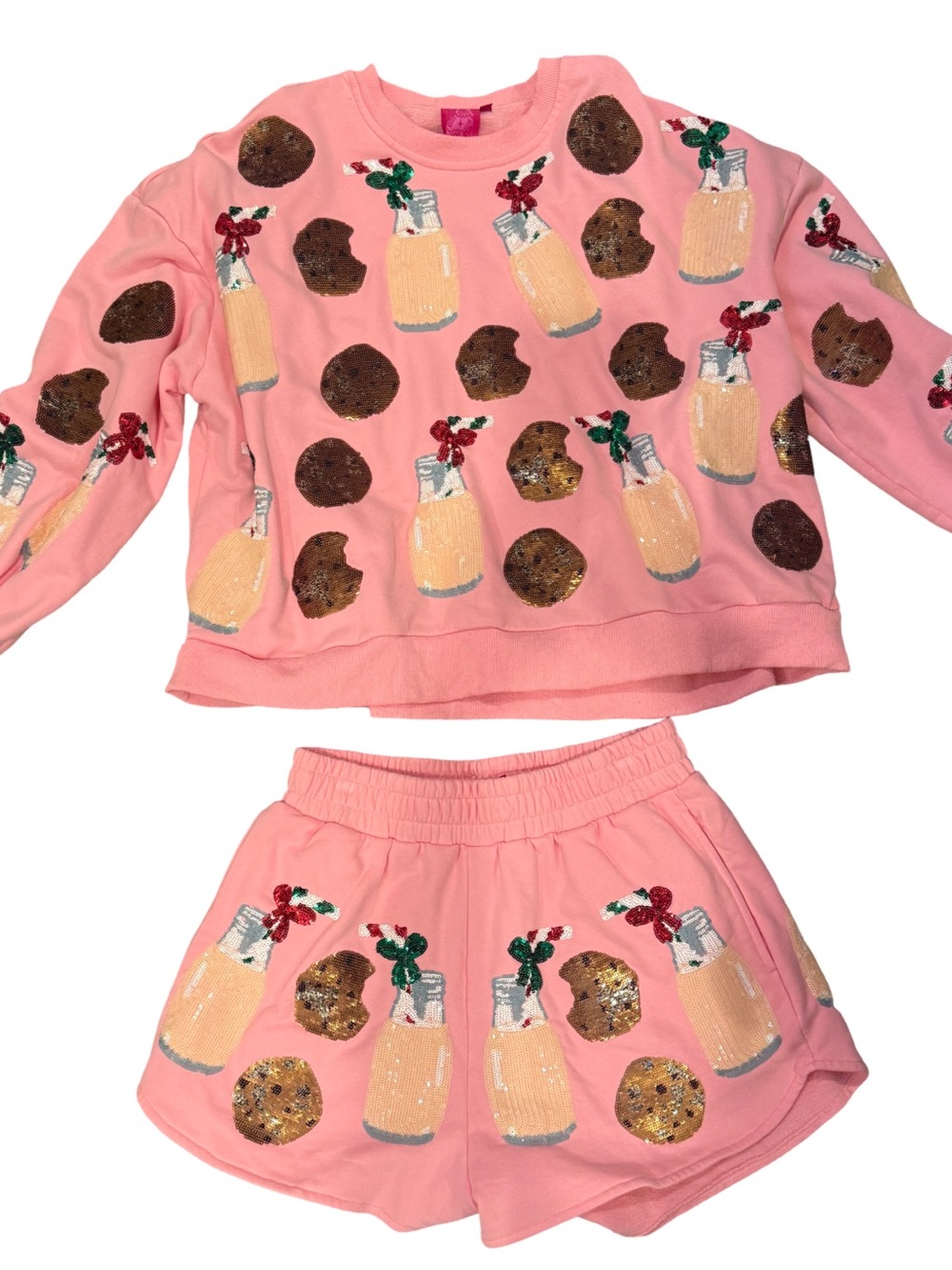 Queen of Sparkles Milk & Cookies Sequin Sweatshirt Shorts Set S